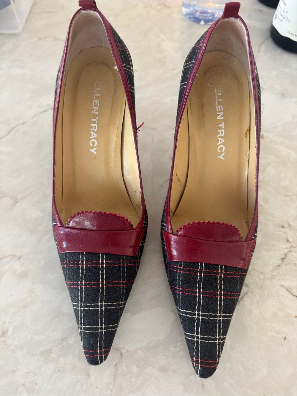 Ellen Tracy Black Plaid Pointed Pumps with Burgundy Trim